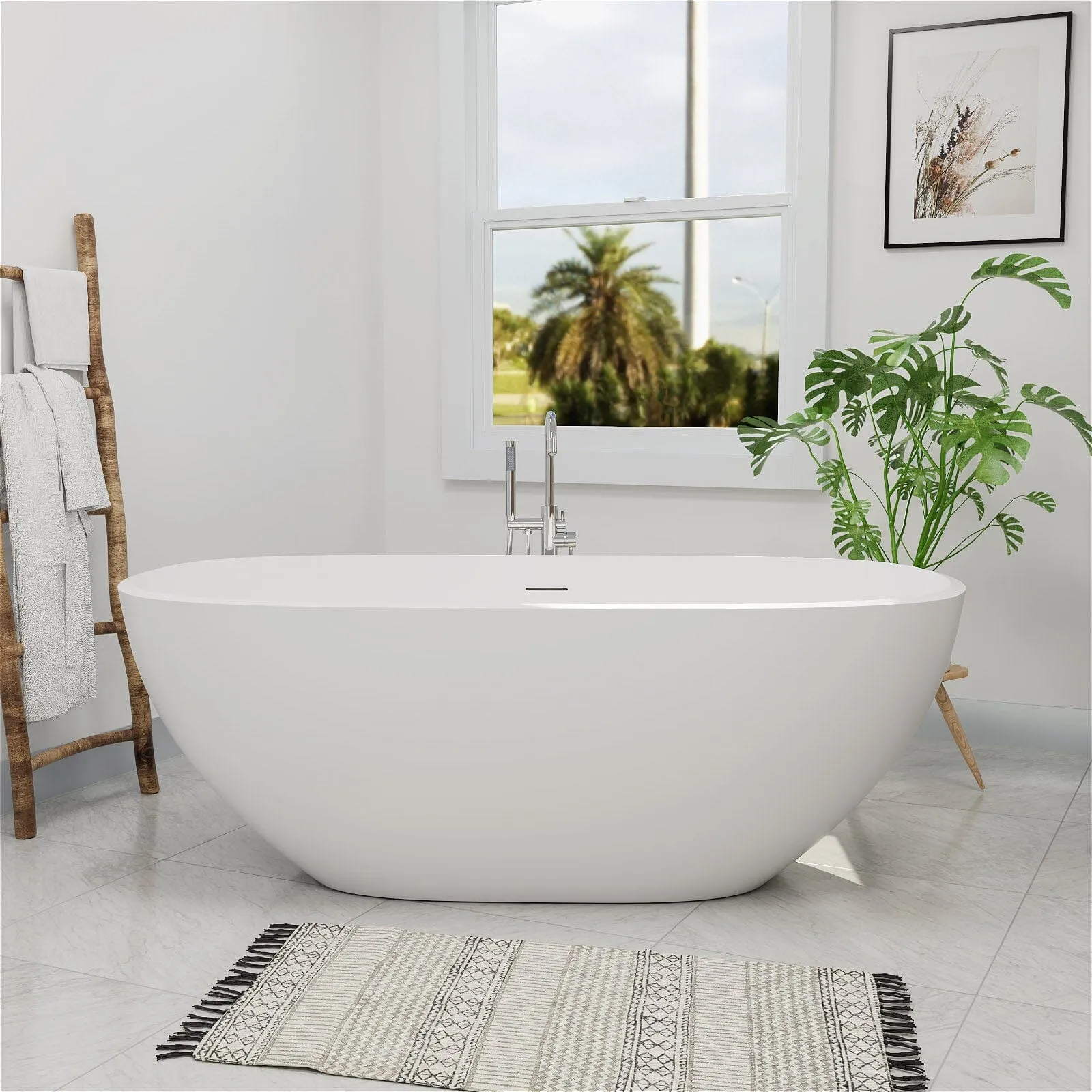 65" Modern Oval Tub Solid Surface Stone Resin Freestanding Soaking Bathtub with Tub Tray