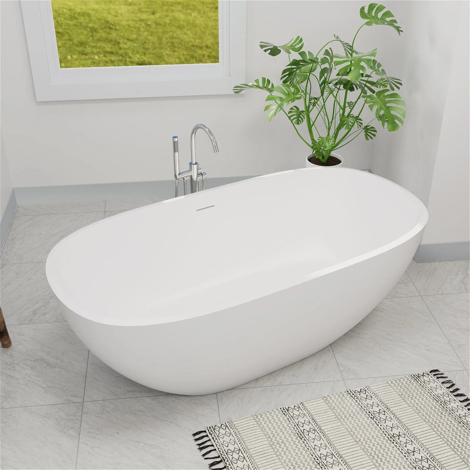 65" Modern Oval Tub Solid Surface Stone Resin Freestanding Soaking Bathtub with Tub Tray