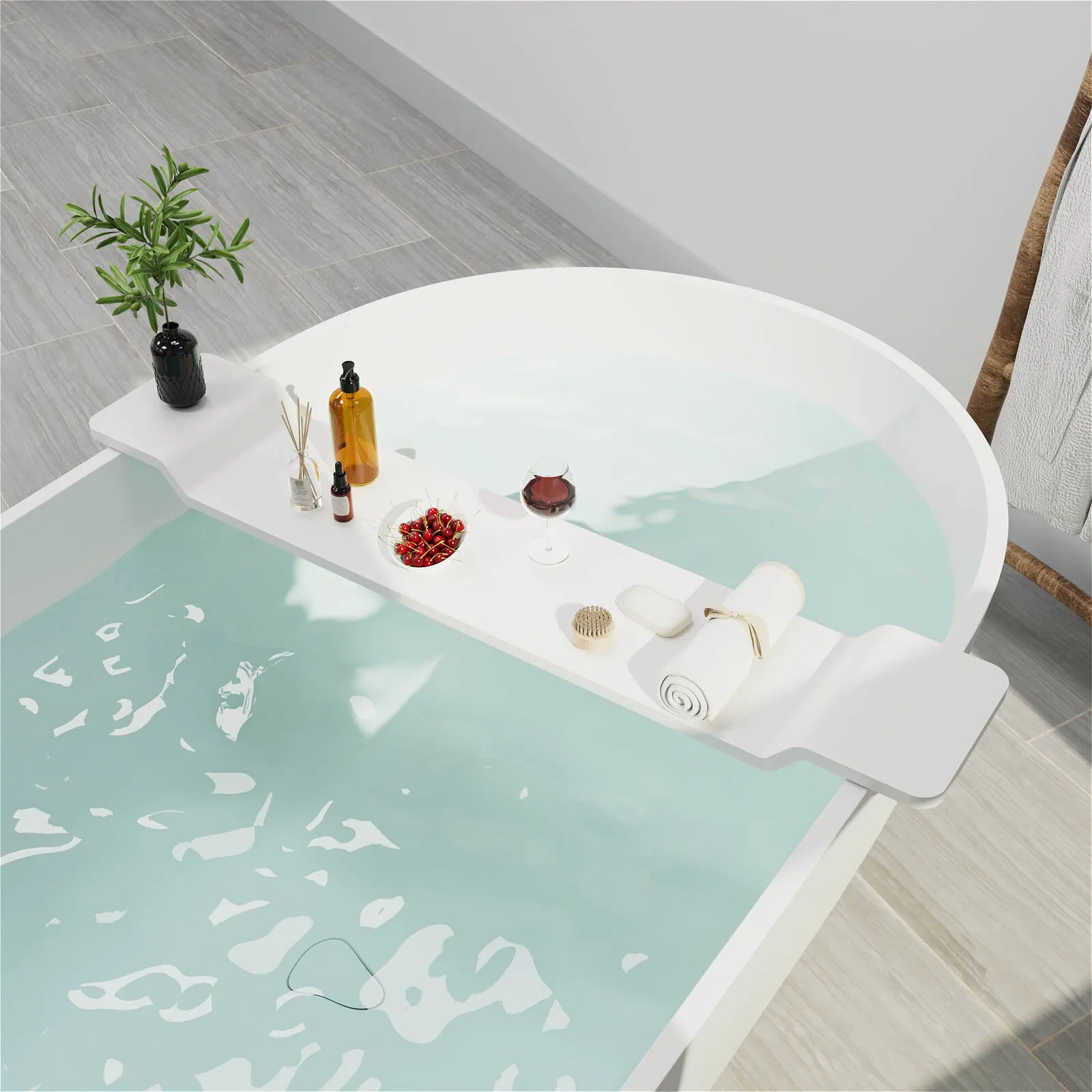 65" Modern Oval Tub Solid Surface Stone Resin Freestanding Soaking Bathtub with Tub Tray