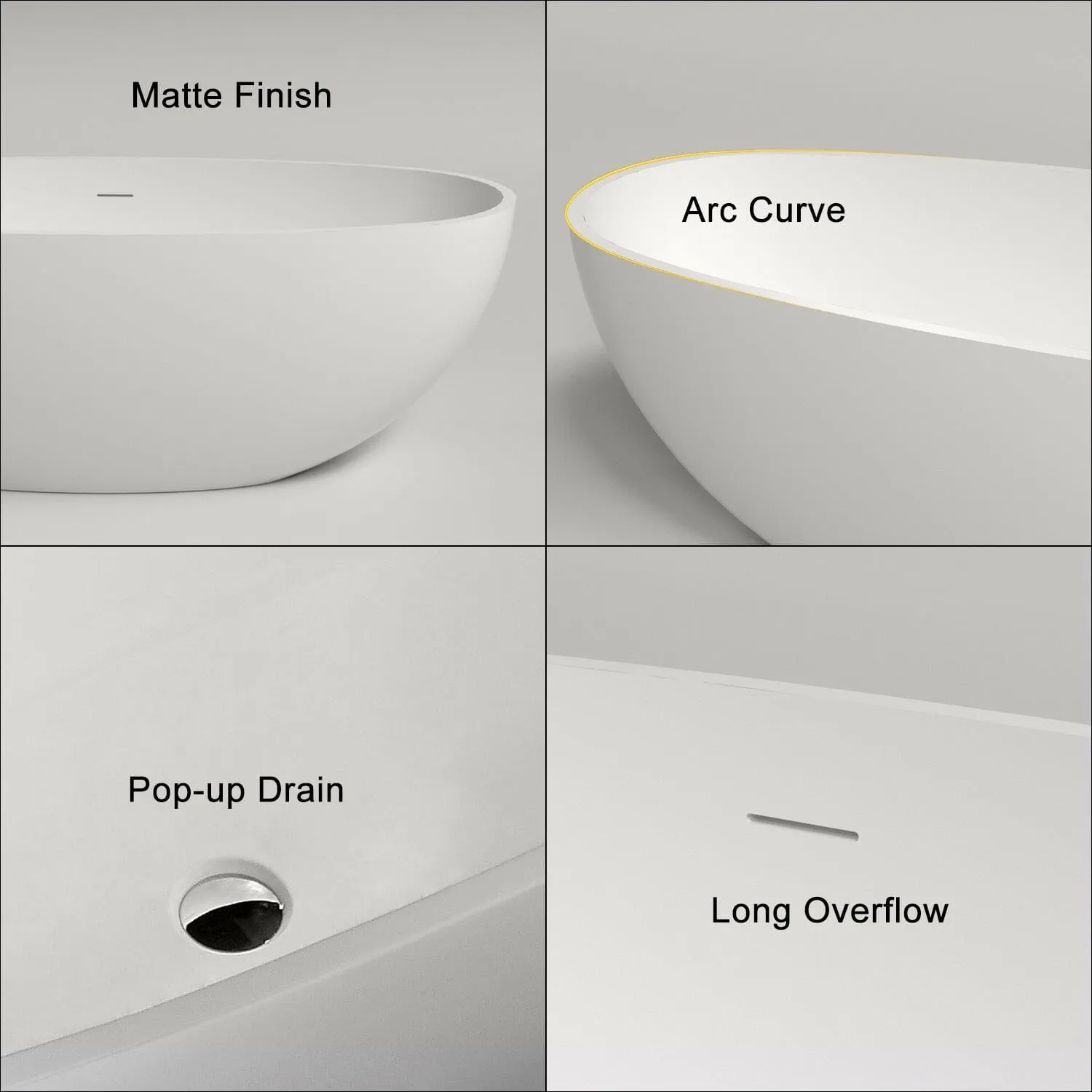 65" Modern Oval Tub Solid Surface Stone Resin Freestanding Soaking Bathtub with Tub Tray