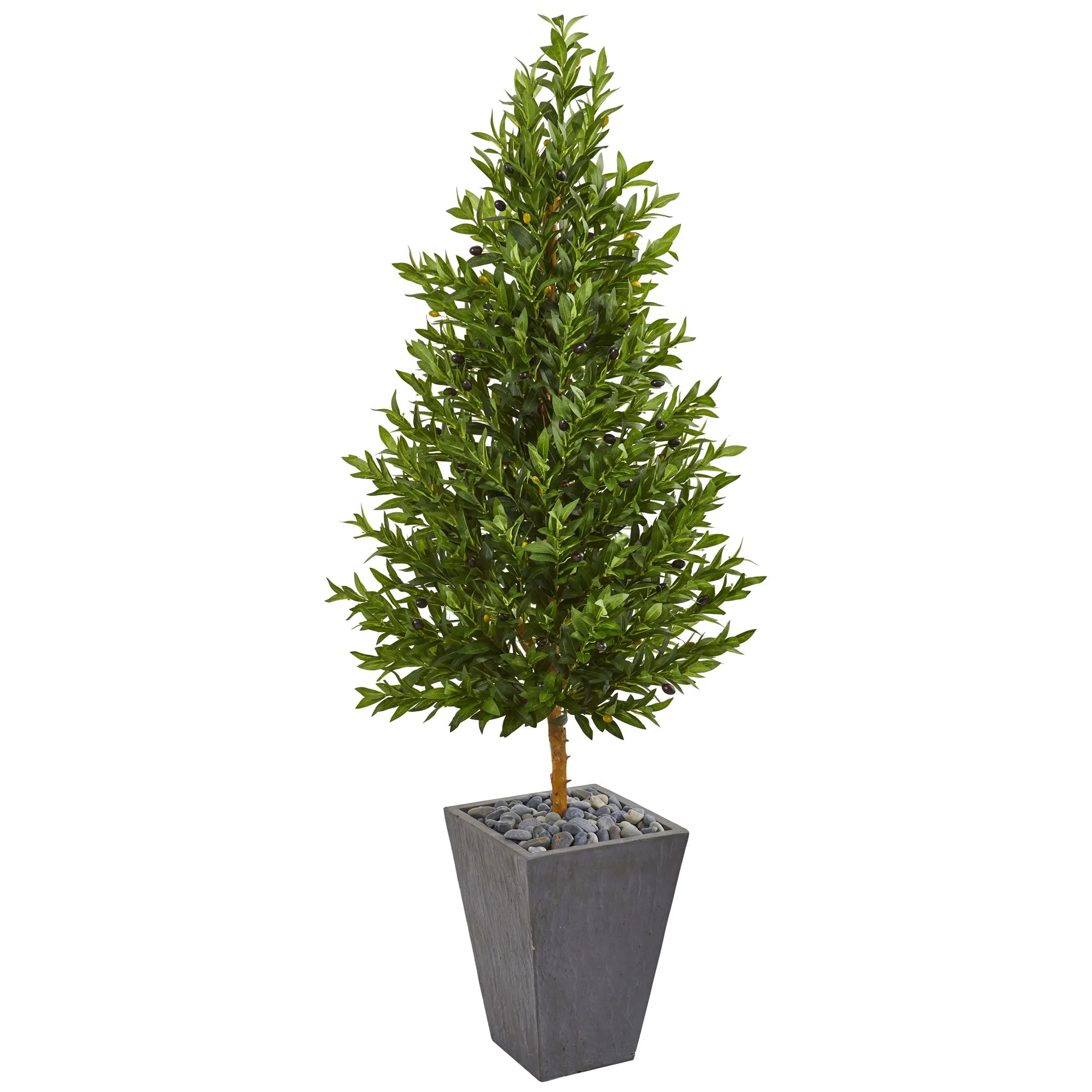 67" Artificial Olive Cone Topiary Tree in Slate Planter UV Resistant (Indoor/Outdoor) - Low Maintenance, Life-Like & Vibrant Silk Trees For Busy People.