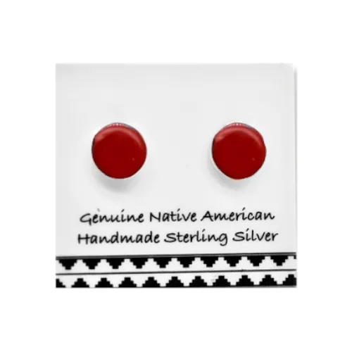 6mm Red Coral Stud Earrings in 925 Solid Sterling Silver, Authentic Native American Handmade, Nickel Free