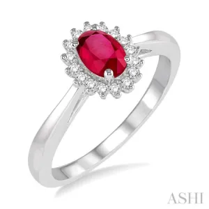 6X4 MM Oval Cut Ruby Center and 1/8 Ctw Round Cut Diamond Halo Precious Stone Ring in 10K White Gold