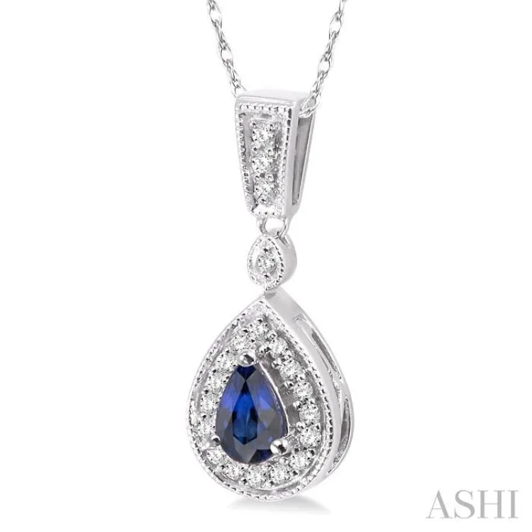 6x4 MM Pear Shape Sapphire and 1/6 Ctw Round Cut Diamond Pendant in 14K White Gold with Chain