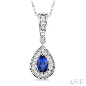 6x4 MM Pear Shape Sapphire and 1/6 Ctw Round Cut Diamond Pendant in 14K White Gold with Chain