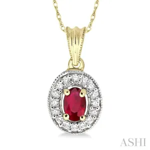 6x4mm Oval Cut Ruby and 1/5 Ctw Round Cut Diamond Pendant in 14K Yellow Gold with Chain