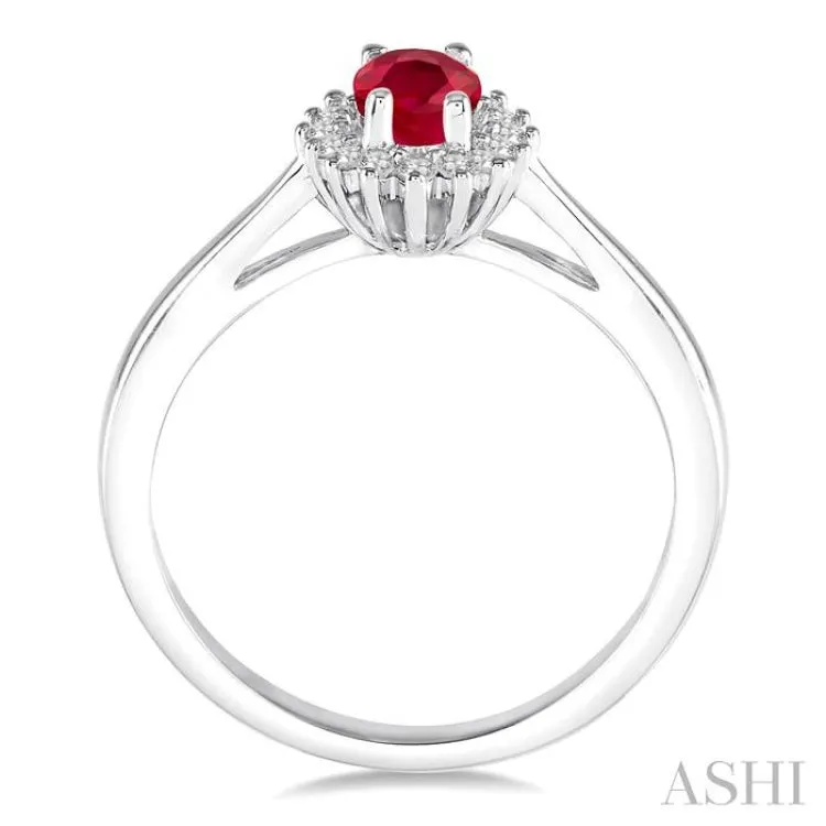 6X4MM Oval Cut Ruby Center and 1/8 Ctw Round Cut Diamond Halo Precious Stone Ring in 10K White Gold