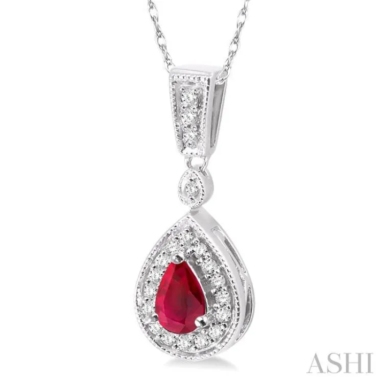 6x4mm Pear Shape Ruby and 1/6 Ctw Round Cut Diamond Pendant in 14K White Gold with Chain