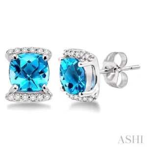 6x6 MM Cushion Shape Blue Topaz and 1/10 Ctw Round Cut Diamond Earrings in 14K White Gold