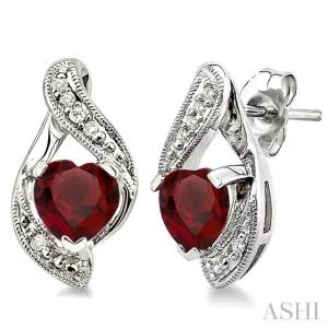 6x6 MM Heart Shape Garnet and 1/20 Ctw Single Cut Diamond Earrings in Sterling Silver