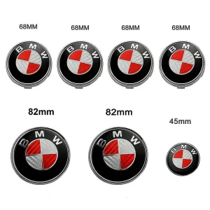 7 Sets Of Bmw Carbon Fiber Red And White Logo Emblem, Wheel Center, Hood And Trunk Logo