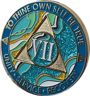 7 Year AA Medallion Elegant Caribbean Aqua Glitter Teal Marble Gold Sobriety Chip