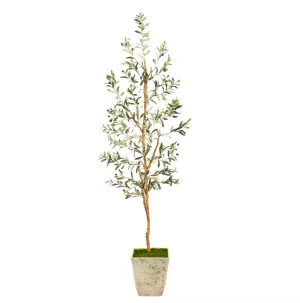 70" Artificial Olive Tree in Country White Planter - Low Maintenance, Life-Like & Vibrant Silk Trees For Busy People.