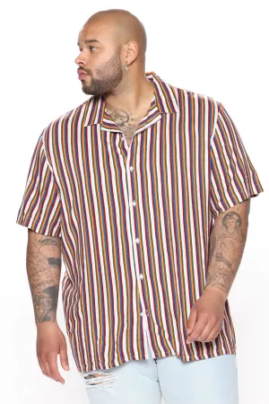 70s Vertical Striped Short Sleeve Woven Top - Orange/combo