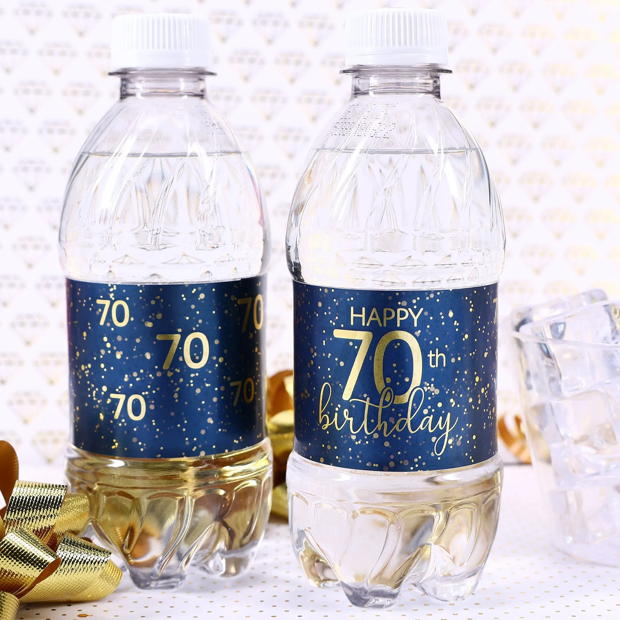 70th Birthday: Navy Blue & Gold - Adult Birthday - Water Bottle Labels