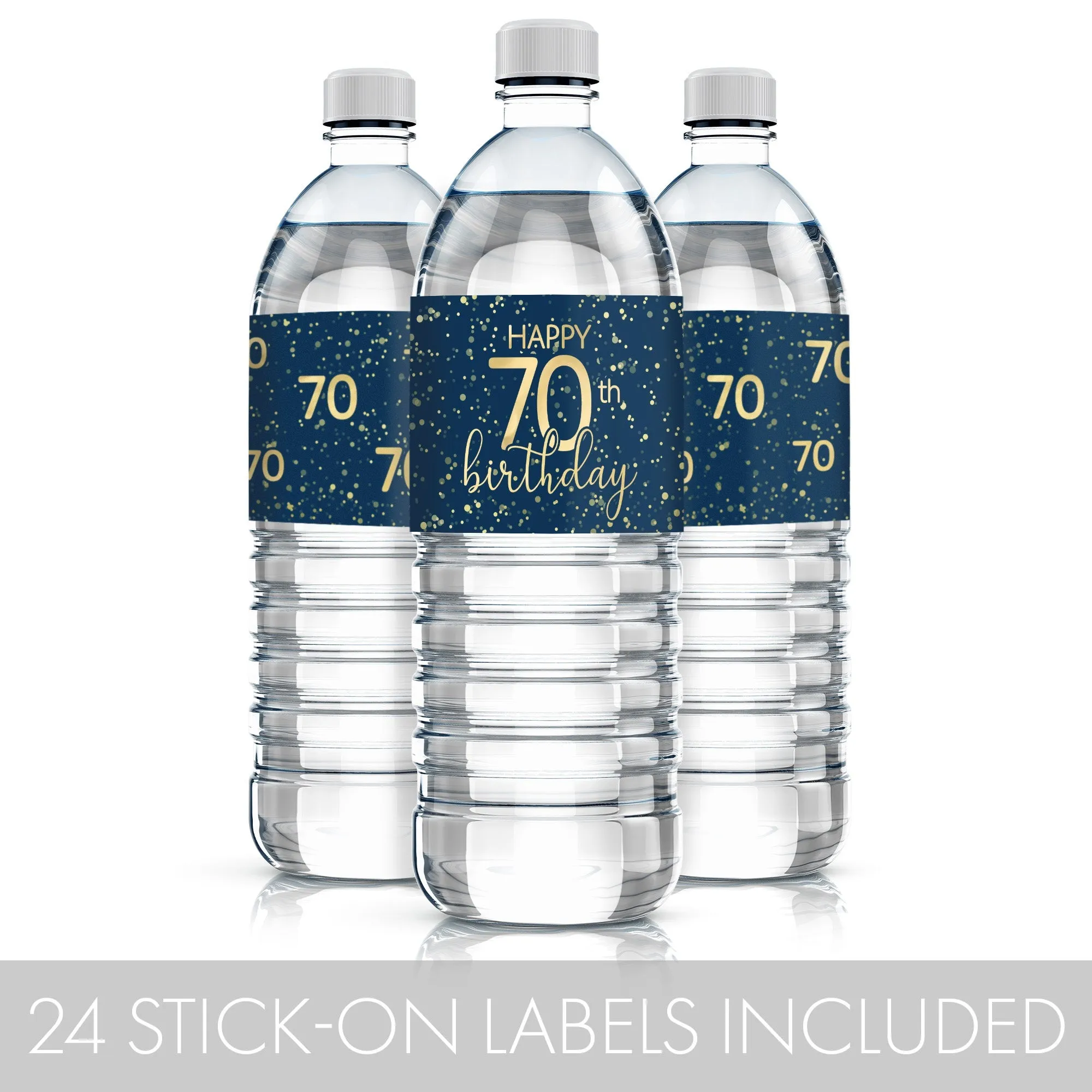 70th Birthday: Navy Blue & Gold - Adult Birthday - Water Bottle Labels