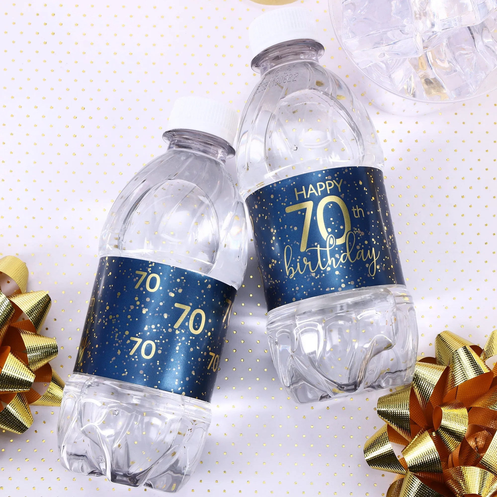 70th Birthday: Navy Blue & Gold - Adult Birthday - Water Bottle Labels