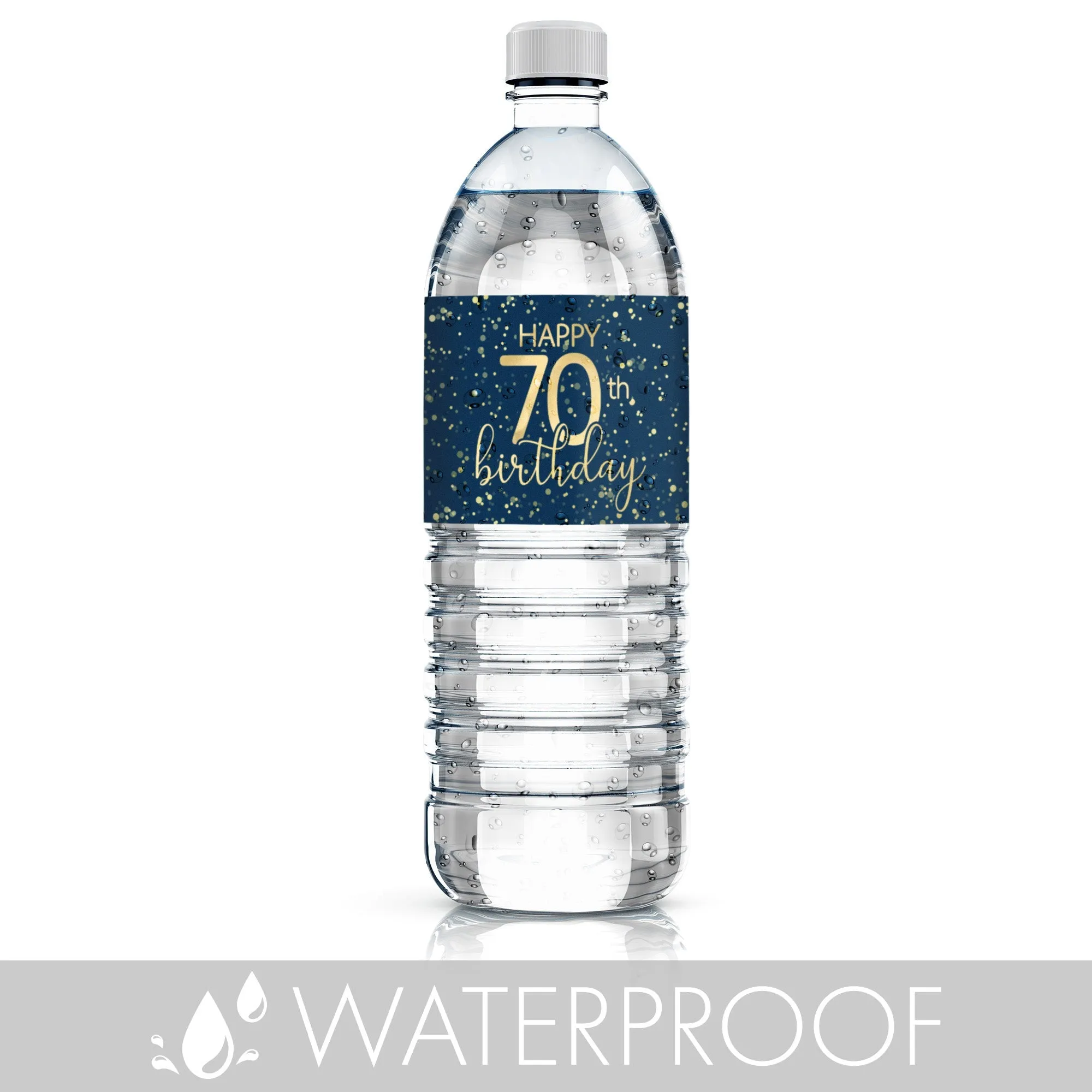 70th Birthday: Navy Blue & Gold - Adult Birthday - Water Bottle Labels