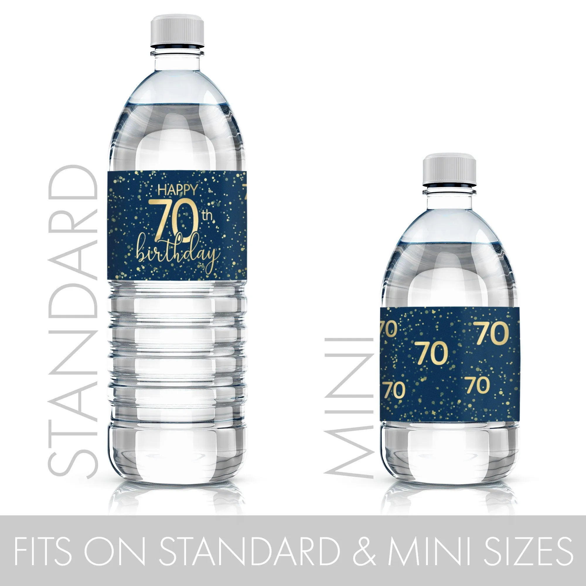 70th Birthday: Navy Blue & Gold - Adult Birthday - Water Bottle Labels