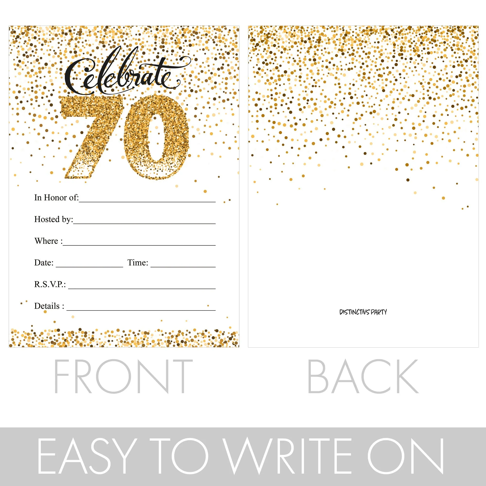 70th Birthday: White and Gold  - Adult Birthday - Party Invitations with Envelopes - 10 Pack