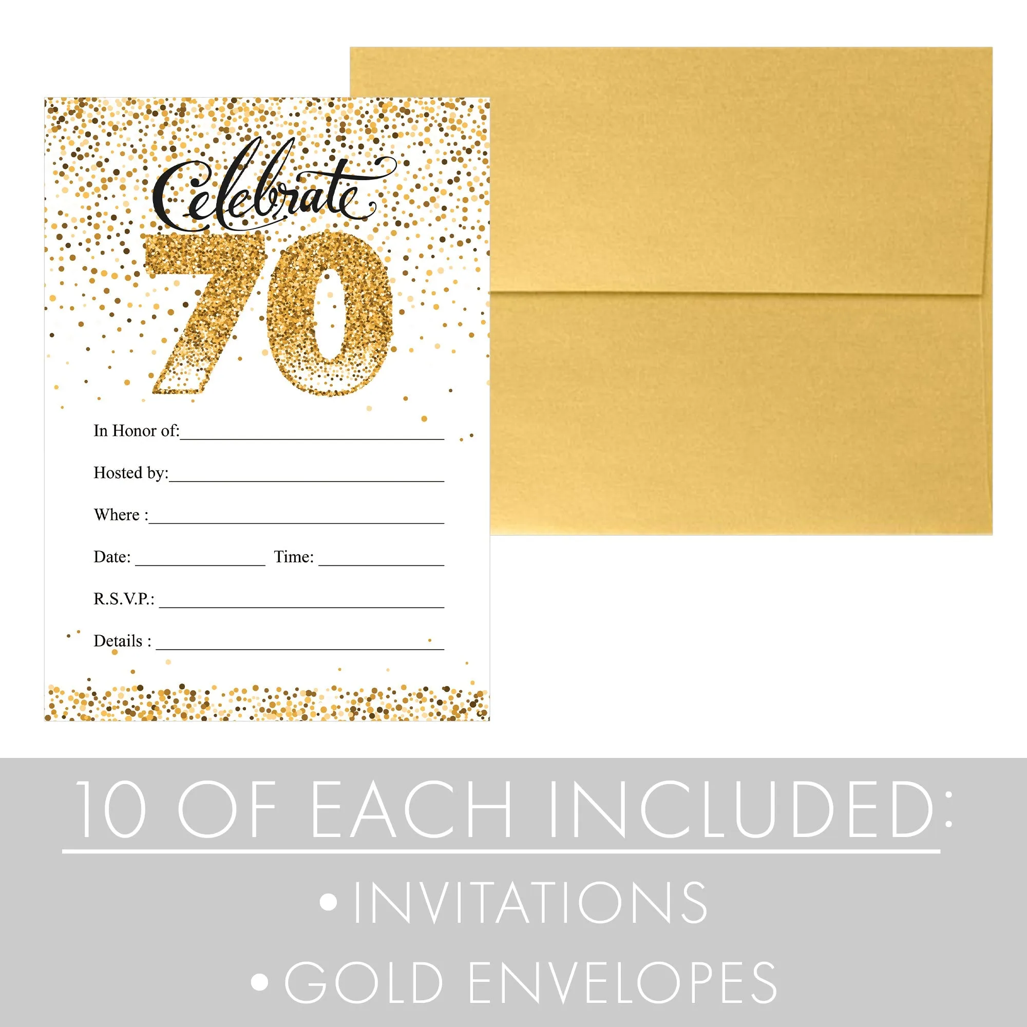 70th Birthday: White and Gold  - Adult Birthday - Party Invitations with Envelopes - 10 Pack