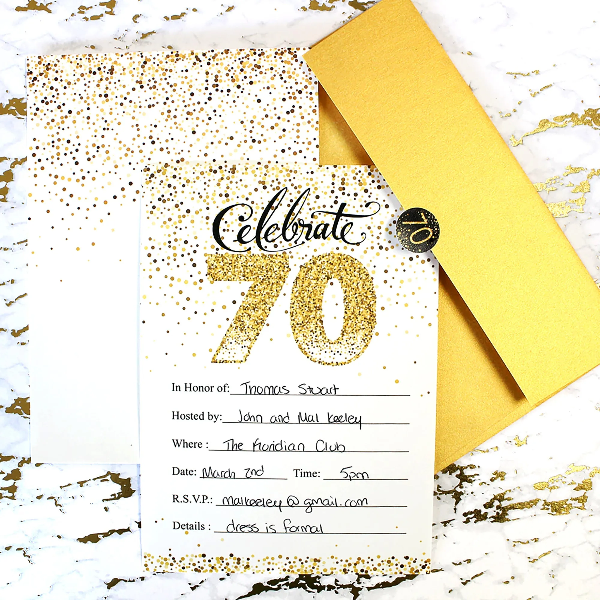 70th Birthday: White and Gold  - Adult Birthday - Party Invitations with Envelopes - 10 Pack