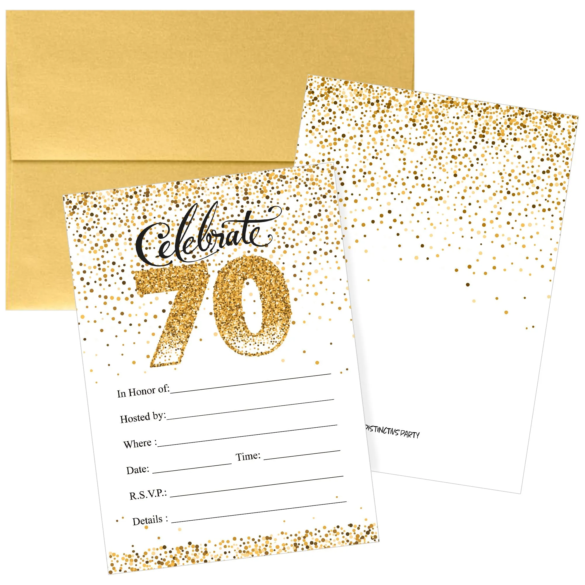 70th Birthday: White and Gold  - Adult Birthday - Party Invitations with Envelopes - 10 Pack