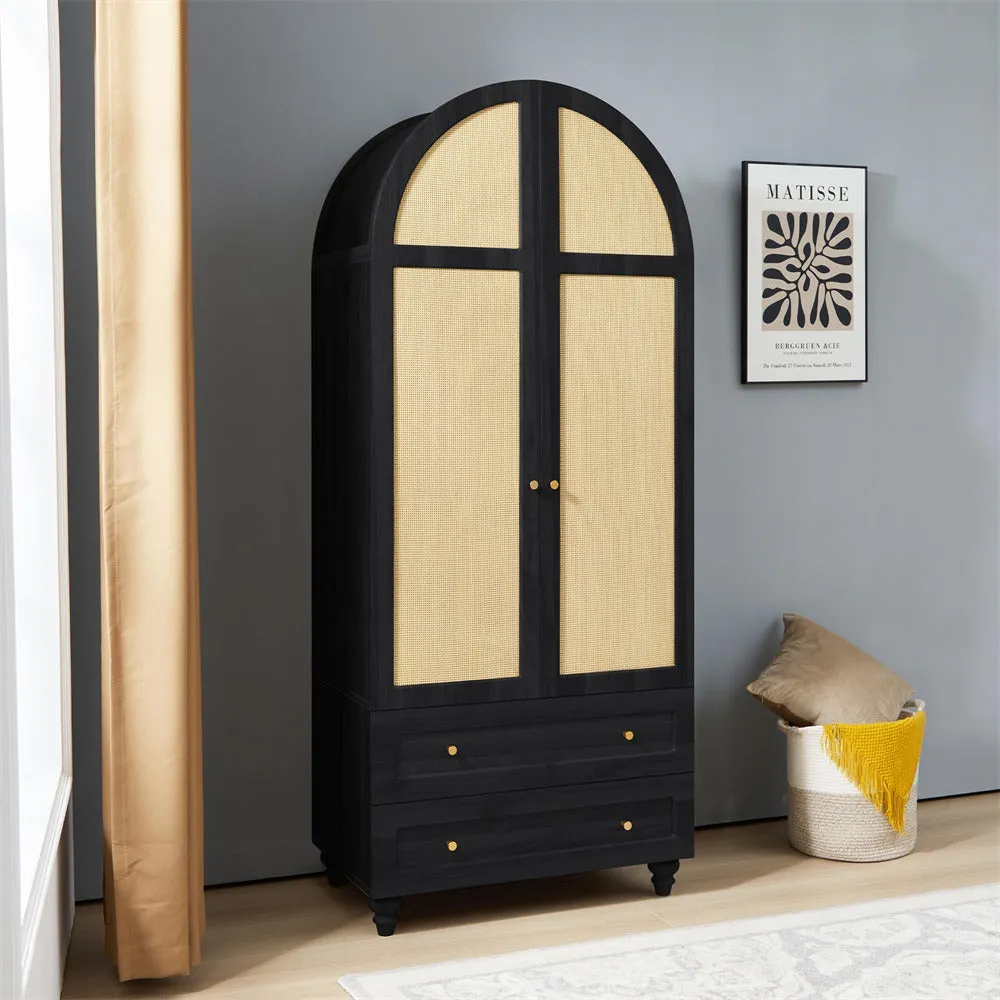 74.8” Tall Wardrobe Storage Cabinet Rattan Freestanding Armoire with 2 Drawers and Hanging Rod