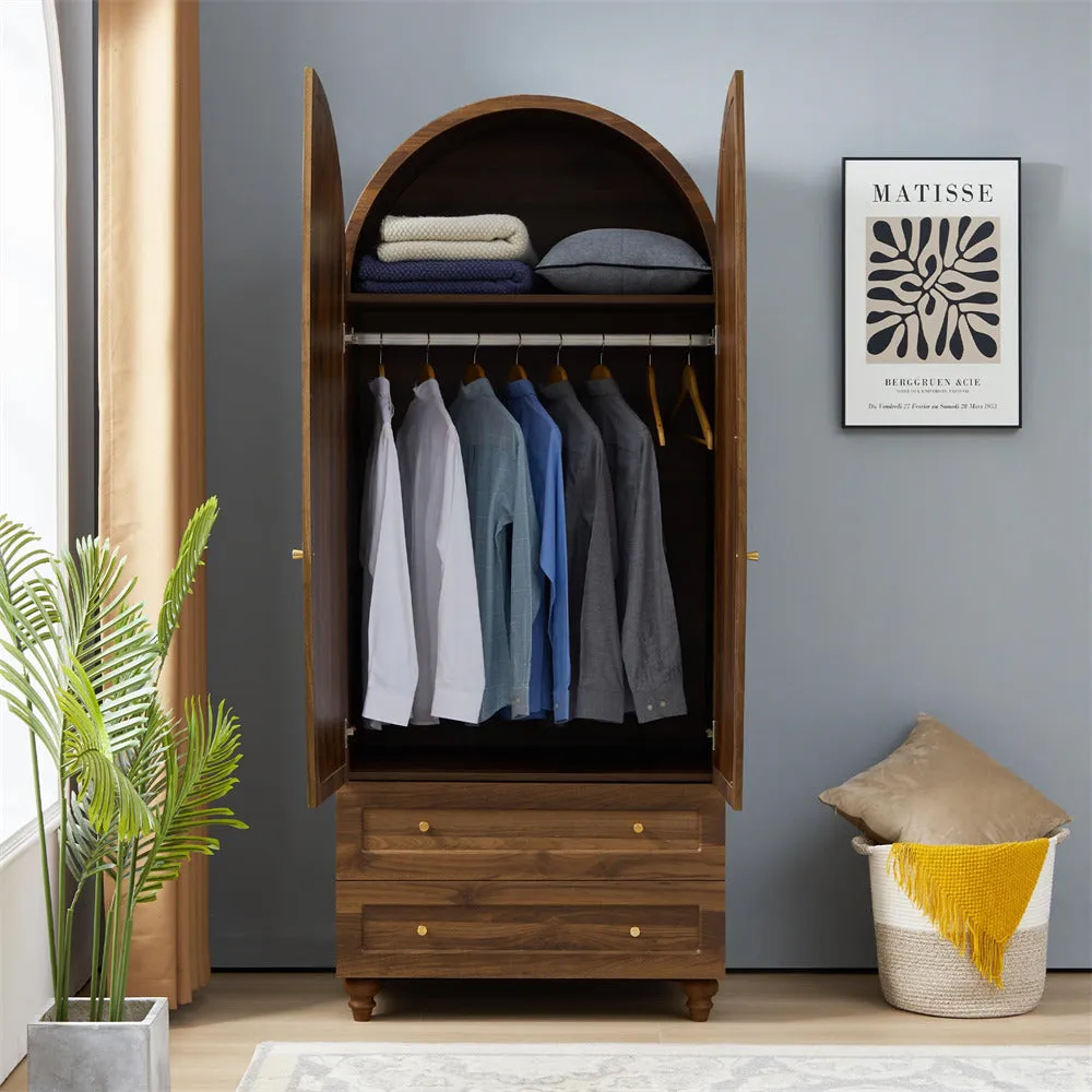 74.8” Tall Wardrobe Storage Cabinet Rattan Freestanding Armoire with 2 Drawers and Hanging Rod