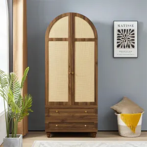 74.8” Tall Wardrobe Storage Cabinet Rattan Freestanding Armoire with 2 Drawers and Hanging Rod