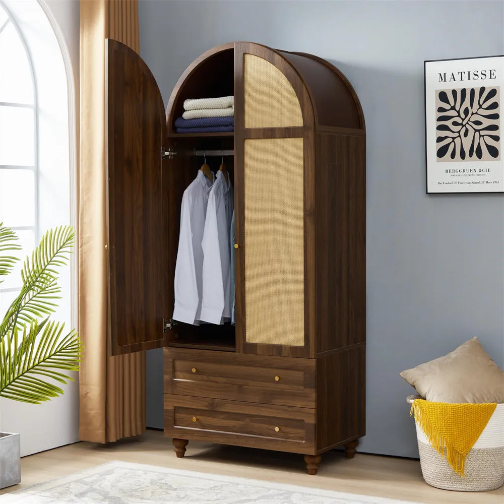 74.8” Tall Wardrobe Storage Cabinet Rattan Freestanding Armoire with 2 Drawers and Hanging Rod