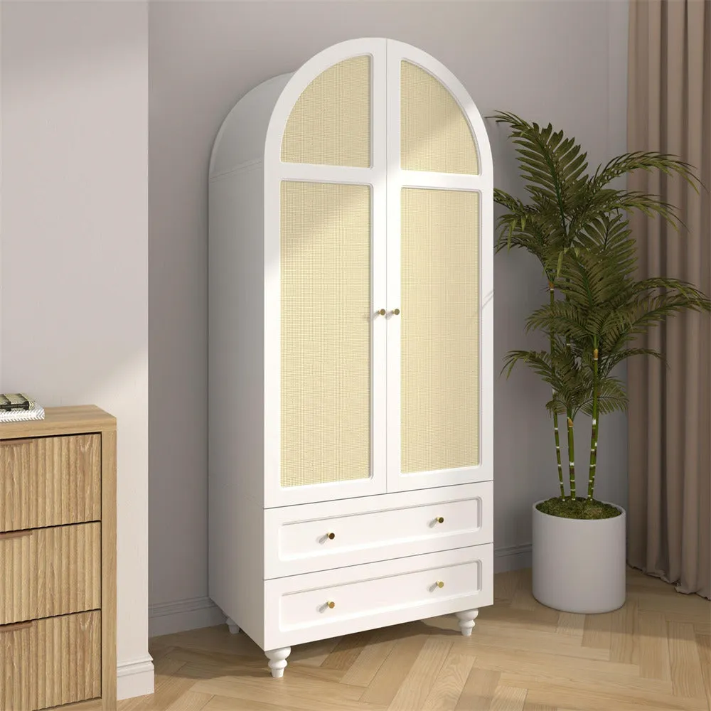 74.8” Tall Wardrobe Storage Cabinet Rattan Freestanding Armoire with 2 Drawers and Hanging Rod