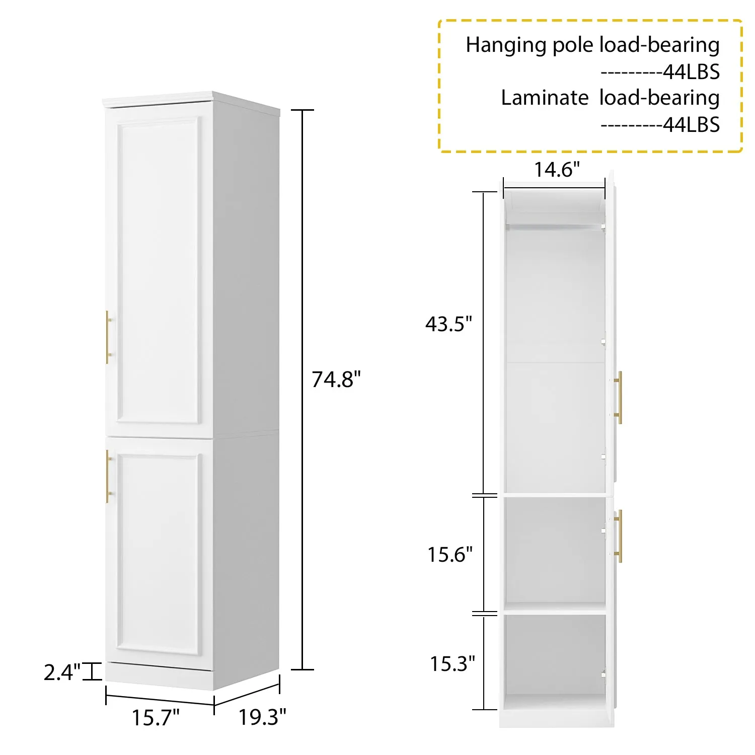 74.8" Large Modular Wardrobe with Glass Doors and Drawers