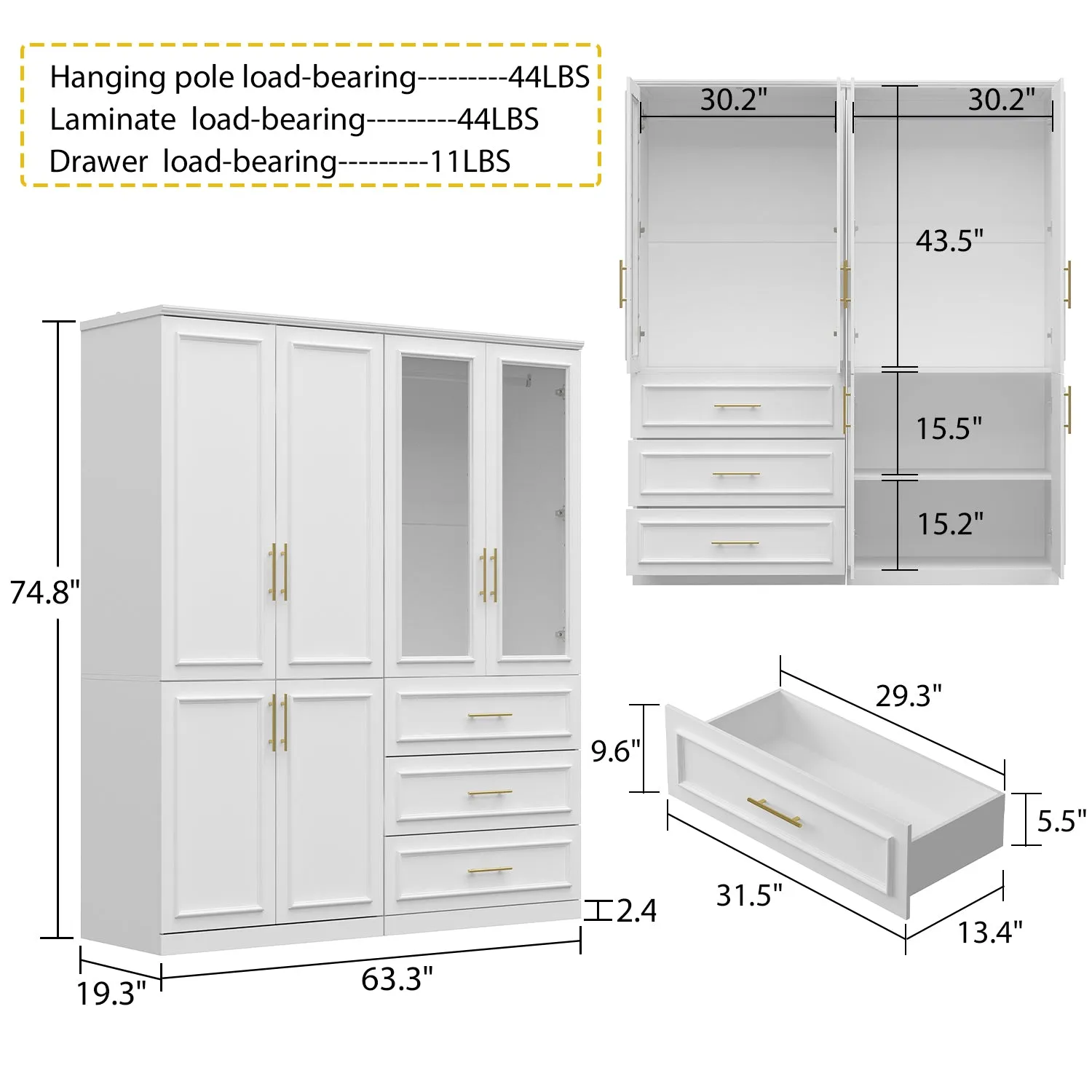 74.8" Large Modular Wardrobe with Glass Doors and Drawers