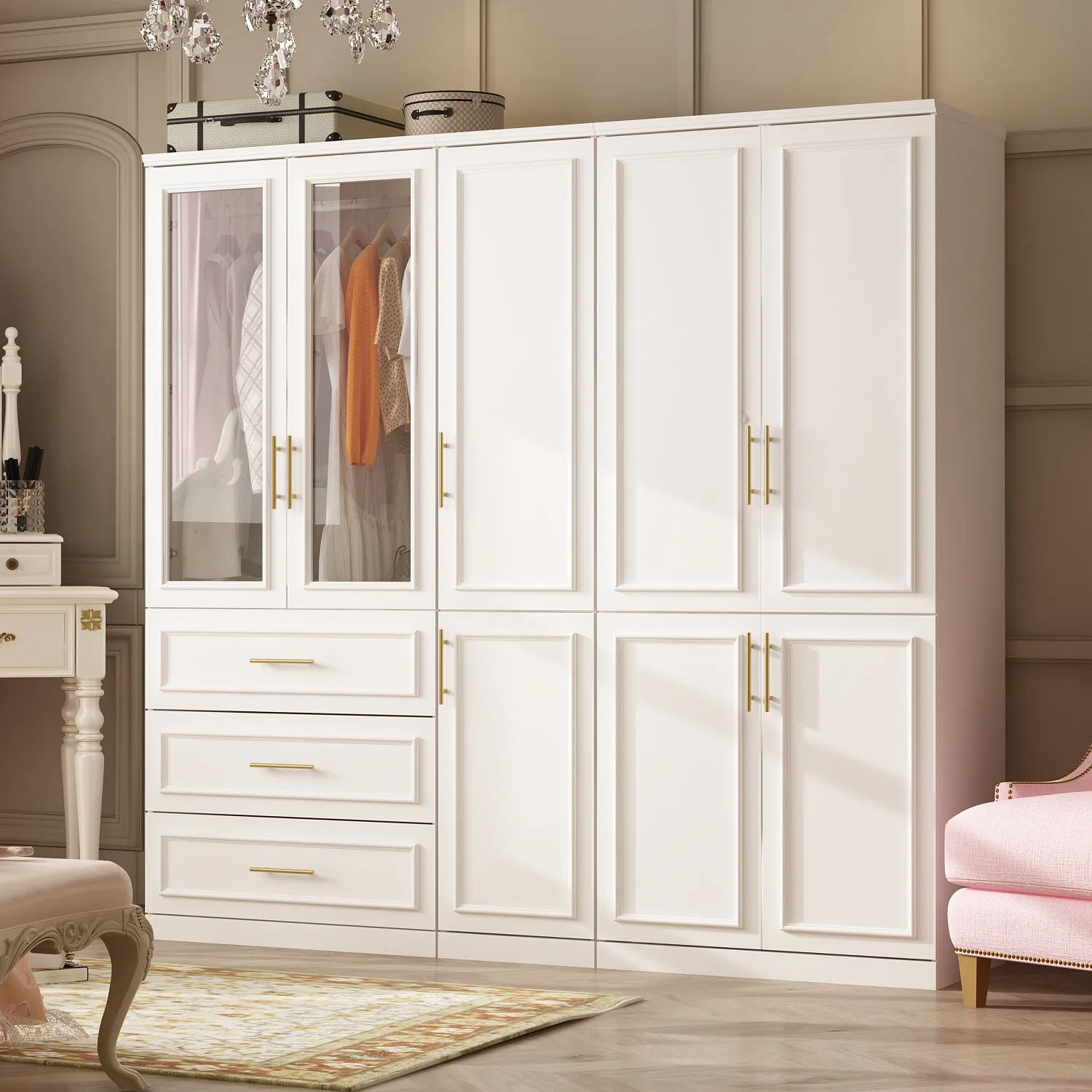 74.8" Large Modular Wardrobe with Glass Doors and Drawers