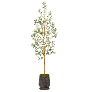 74" Artificial Olive Tree in Ribbed Metal Planter - Low Maintenance, Life-Like & Vibrant Silk Trees For Busy People.