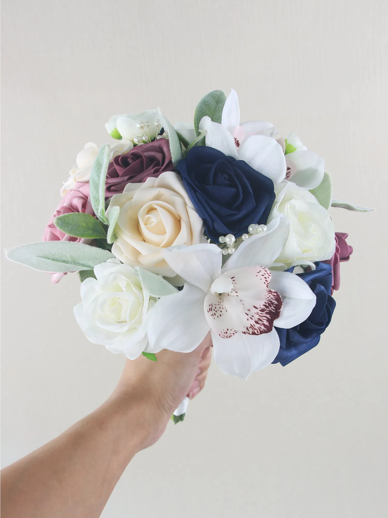 7.8 inch wide Dusty Rose & Navy Blue Bridesmaid Bouquet