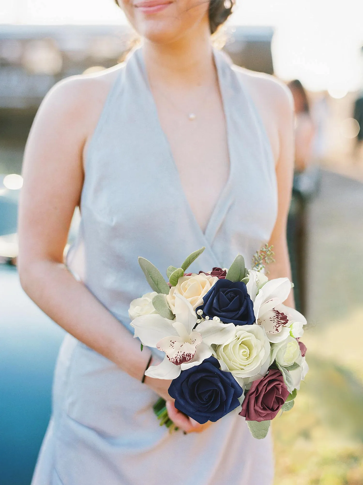 7.8 inch wide Dusty Rose & Navy Blue Bridesmaid Bouquet