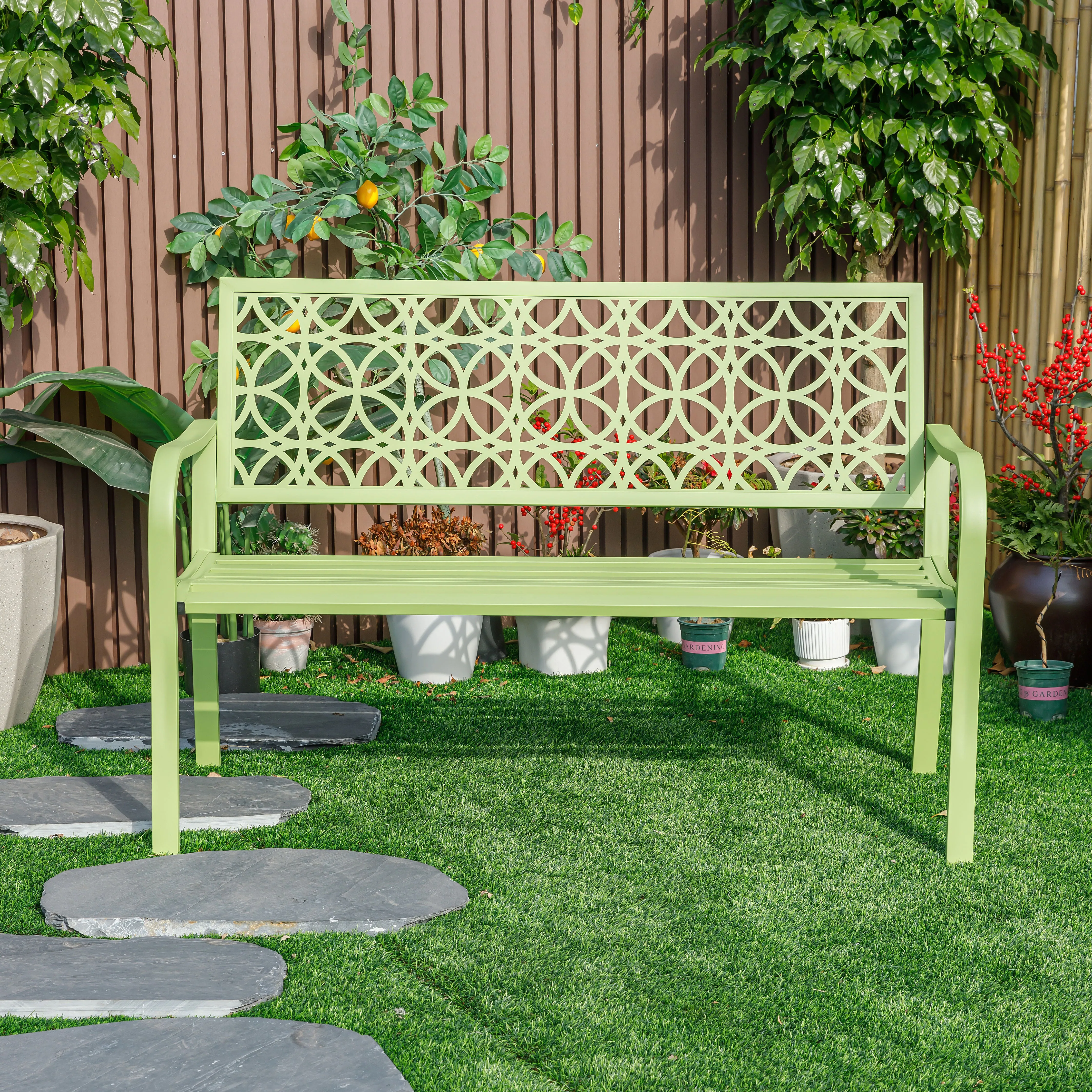 78660-B-GN -  Green Oasis Haven- All-Steel Garden Bench for Relaxation