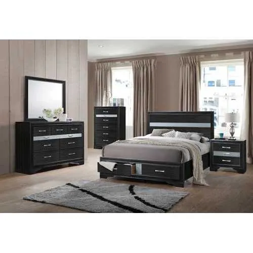 79" X 84" X 50" Black Wood Eastern King Bed w/Storage