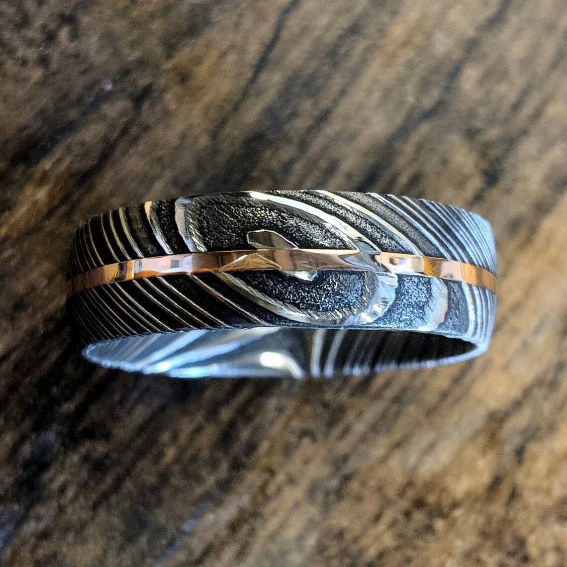 7mm Wide Damascus Steel Ring with 14k Rose Gold Inlay