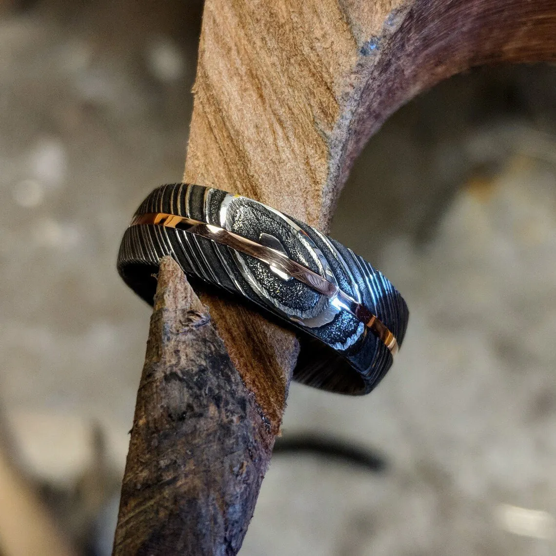 7mm Wide Damascus Steel Ring with 14k Rose Gold Inlay