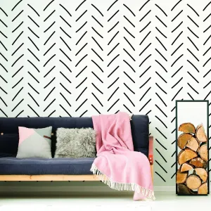 7x Rolls of Herringbone Wallpaper Peel And Stick Stickers - Geometric Self Adhesive Black Removable Stripes Wall