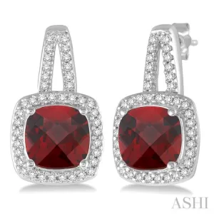 7x7 MM Cushion Shape Garnet and 1/4 Ctw Round Cut Diamond Earrings in 10K White Gold