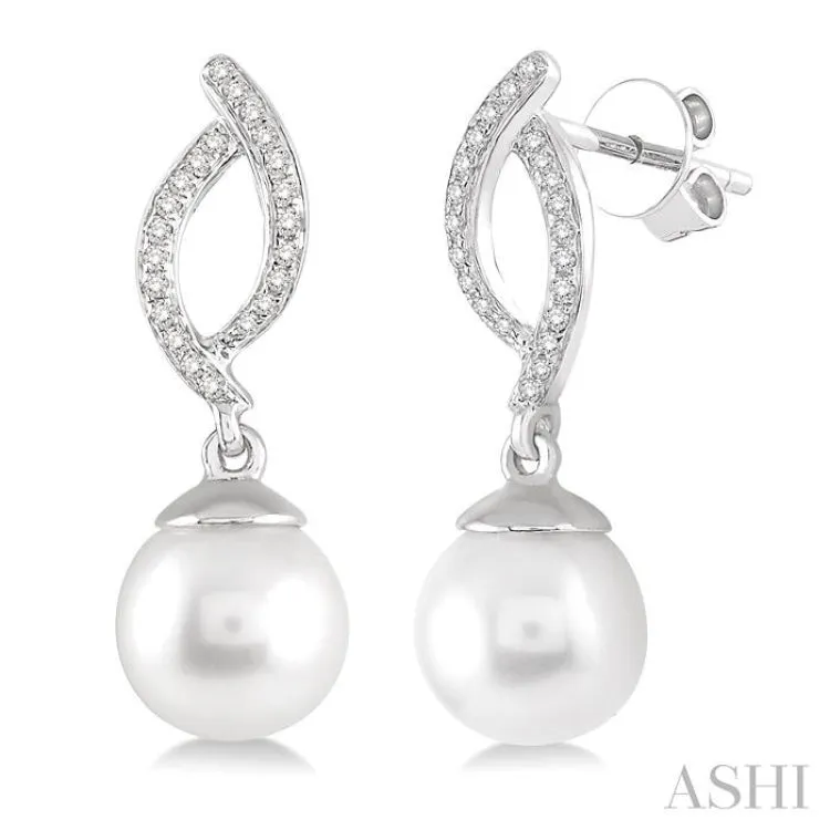 7x7 MM Round Cut Cultured Pearl and 1/6 Ctw Round Cut Diamond Earrings in 14K White Gold