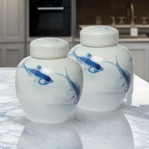 8 Inch Lidded Ginger Jar, Painted Koi Fish, White Blue Porcelain, Set of 2 By Casagear Home