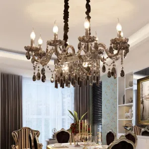 8-Light Island Pendant - Traditional Candelabra Style - Smoke Gray Crystal Suspension Lighting with Glass Lamp Saucer