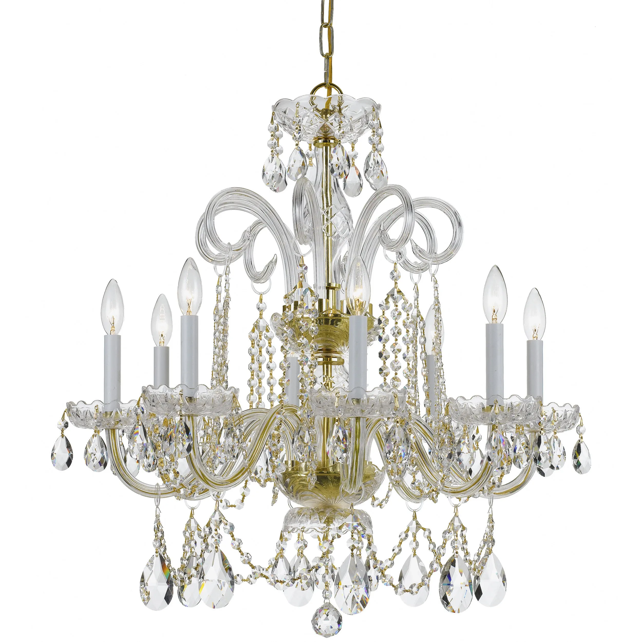 8 Light Polished Brass Crystal Chandelier Draped In Clear Swarovski Strass Crystal - C193-5008-PB-CL-S