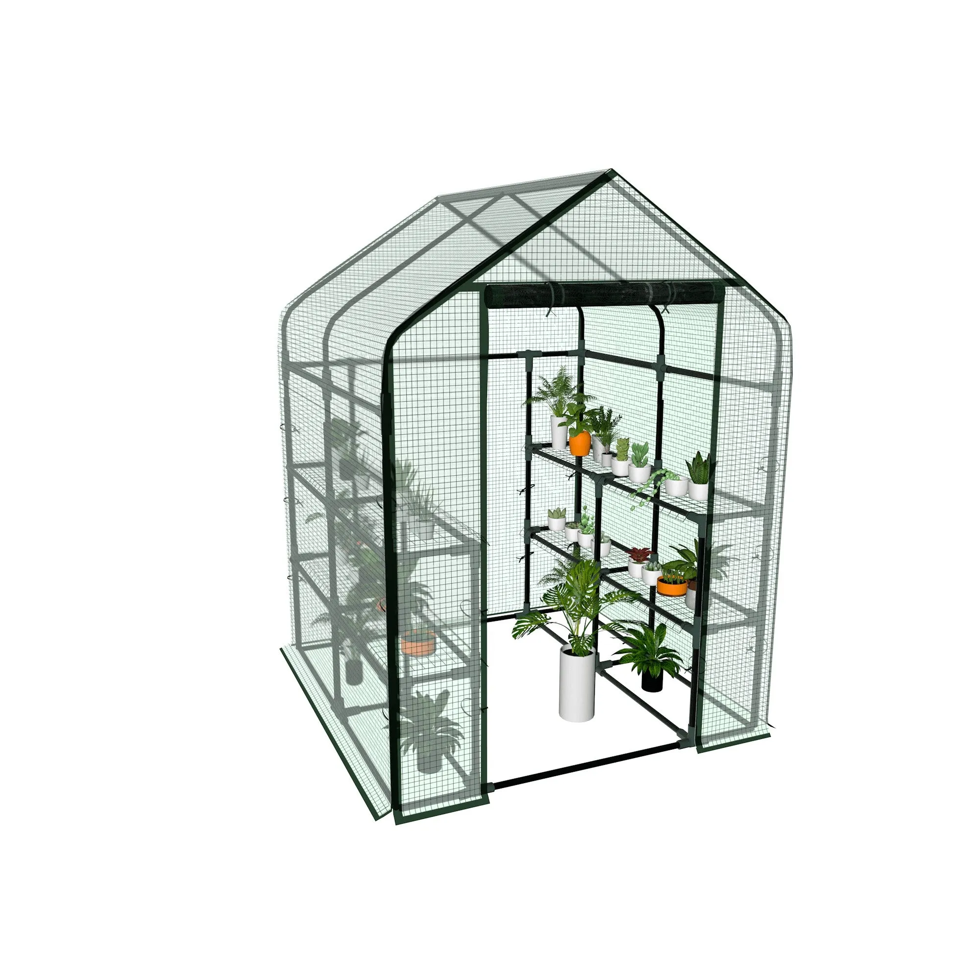 8 Shelves 3 Tiers Walk-in Greenhouse 56.3"L x 56.3"W x 76.8"H Portable Walk In Outdoor Planter House w/ Pegs Ropes