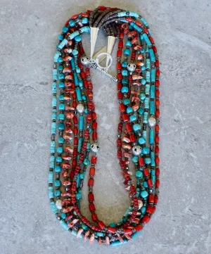 8-Strand Blended Turquoise, Coral and Spiny Oyster Shell Necklace with Olive Shell Heishi and Sterling Silver